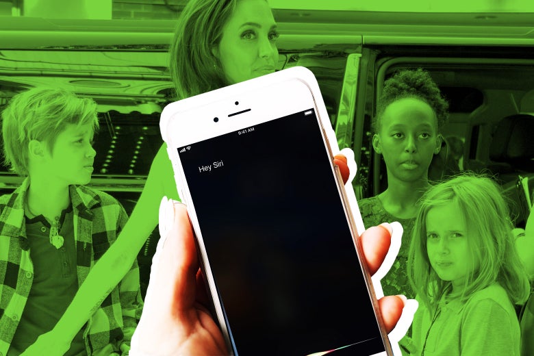 Angelina Jolie and her kids, with an iPhone obscuring them partly